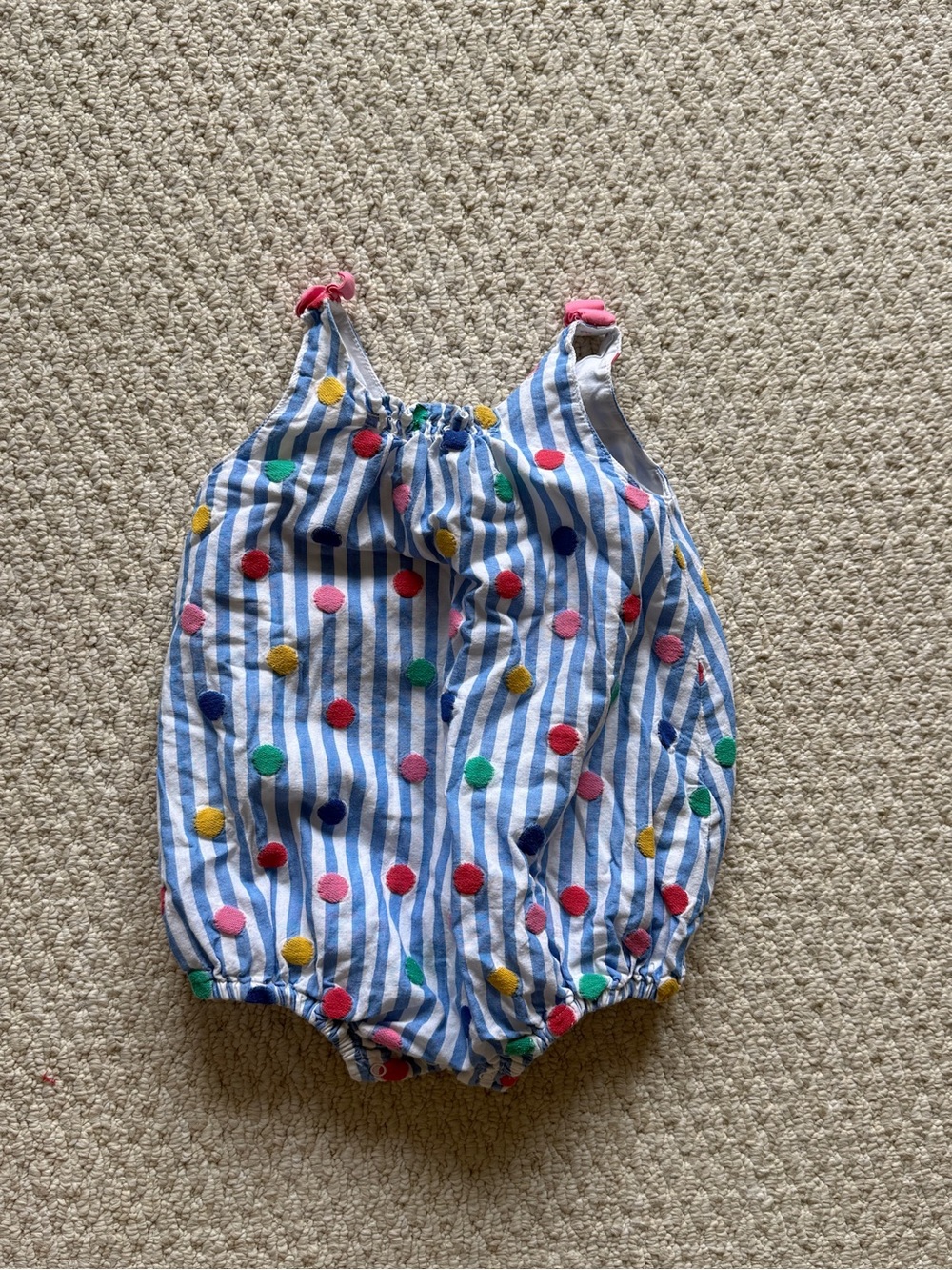 Boden Baby Blue & White Striped Romper with Multicolor Pom Dots
